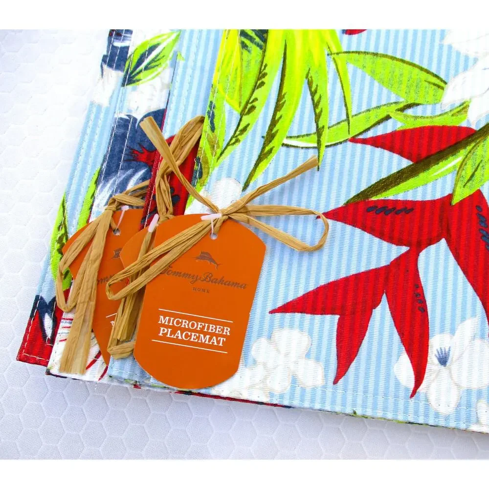 Nwt Set 4 TOMMY BAHAMA Seersucker Stripe Tropical Print Microfiber Placemats